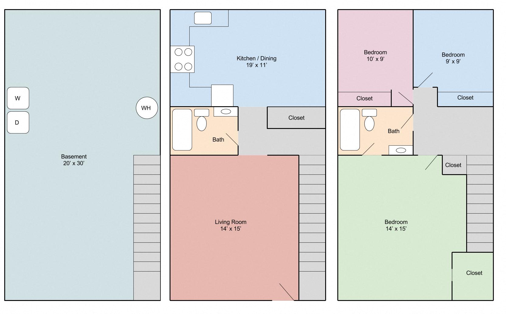 Floor plan for 3 beds, 2 baths, 1800 sqft